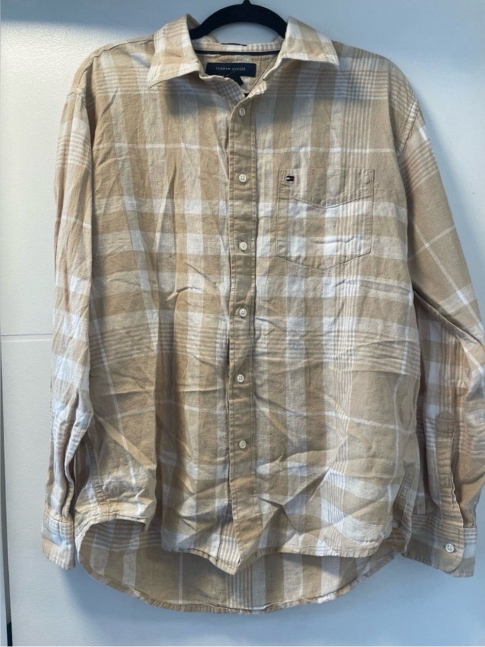 Tommy Hilfiger Men’s Beige Plaid Button-Up Shirt | Size Medium